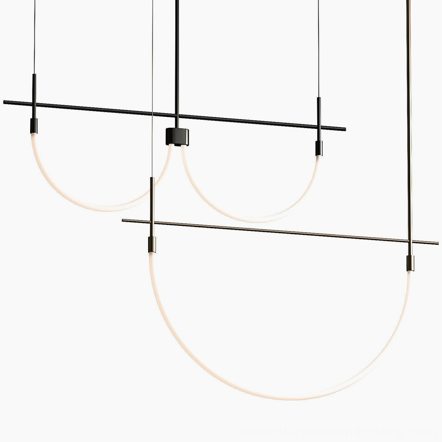 Freja arc pendant light with combined warm LED lighting and frosted diffusers, illuminated display showcasing light quality