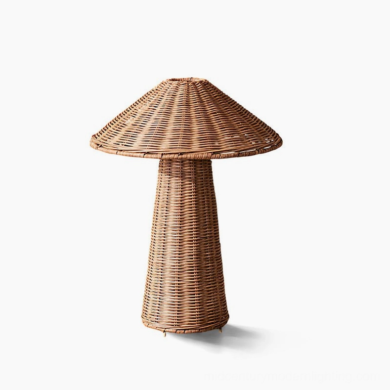 Freya handwoven rattan mushroom table lamp direct front view, tight natural weave texture, warm honey-brown finish