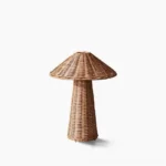 Freya mushroom rattan table lamp front view studio shot, handwoven natural rattan boho accent lighting