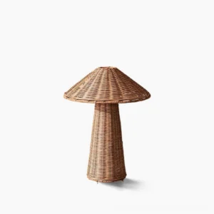 Freya mushroom rattan table lamp front view studio shot, handwoven natural rattan boho accent lighting