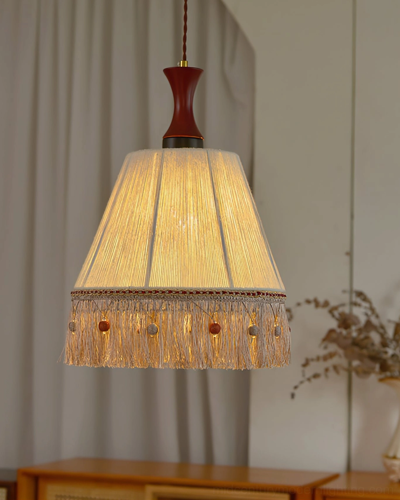 Stylized fringe pendant lamp with woven cotton shade tassel trim bohemian home decor