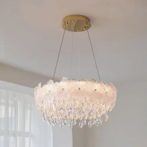 Modern frost flower crystal chandelier in French-style living room with 50cm diameter design creating warm ambient light