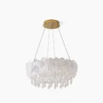 Frost flower glass chandelier with gold stainless steel frame and crystal droplets, front view on white background