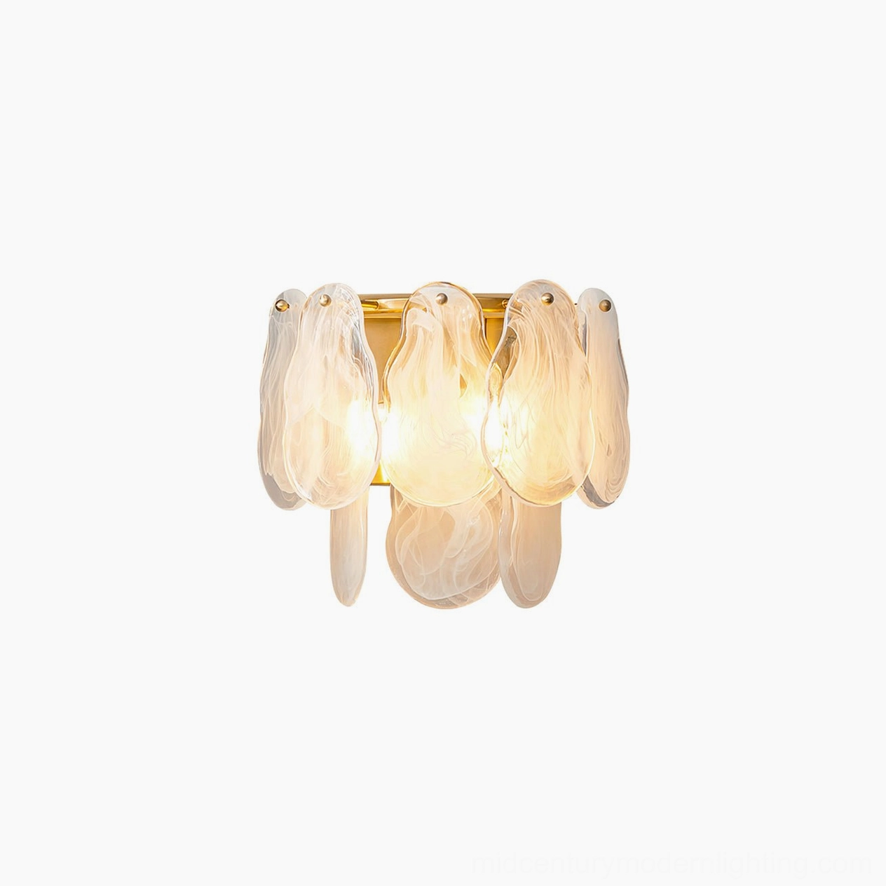 Frosted cloud glass wall lamp showing multiple petal-shaped glass shades with brass base in natural lighting