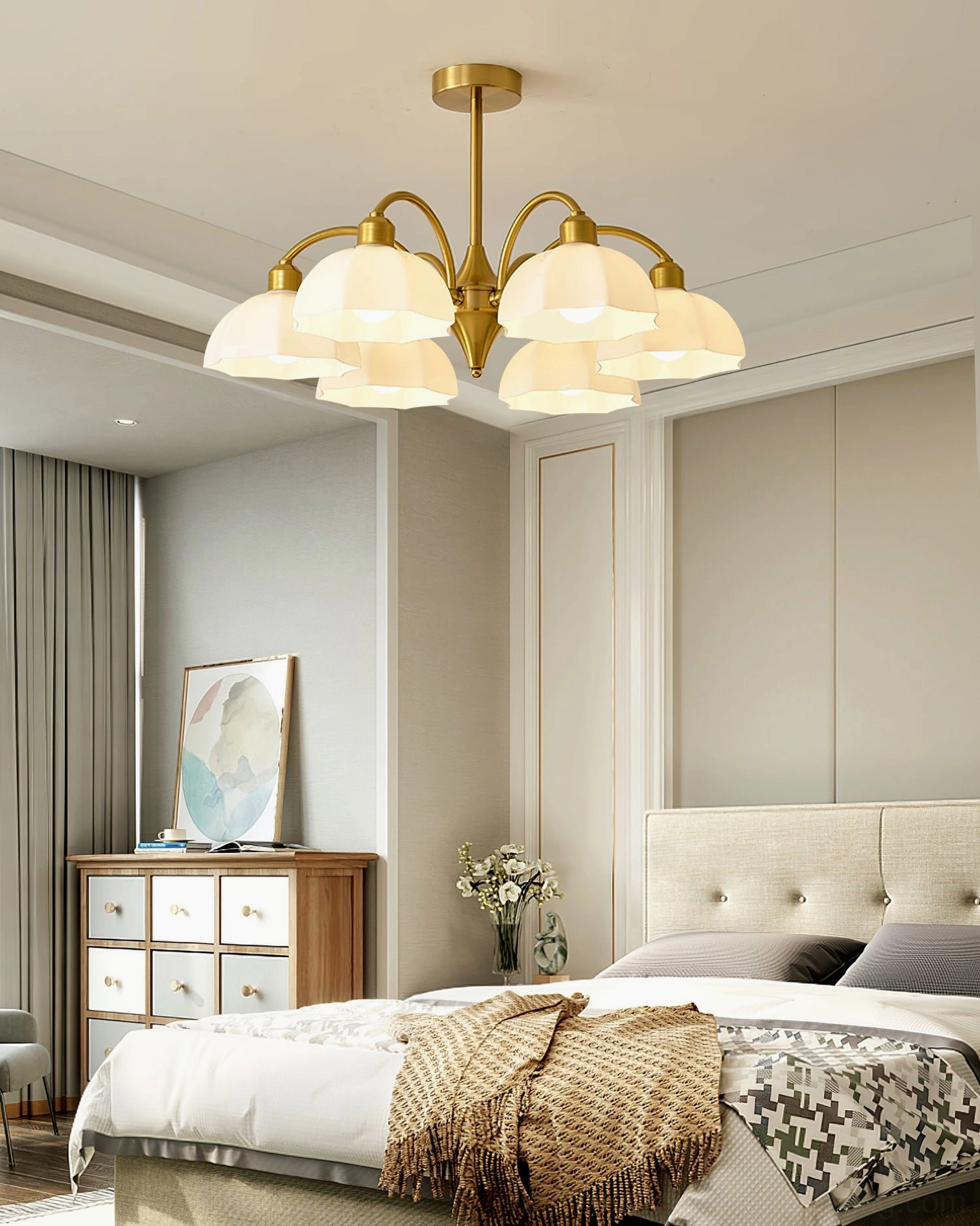 Frosted glass bell chandelier details, close-up view of organic floral accents and hand-fired glass shades with botanical motifs