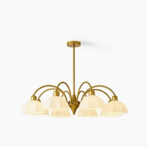 Frosted glass bell chandelier with organic floral details, shown in frontal view against white background, luxury mid-century modern pendant light fixture