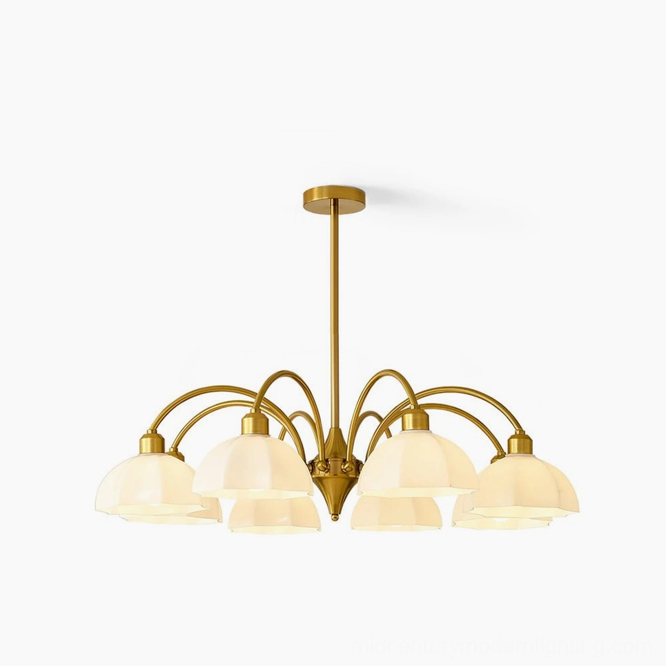 Frosted glass bell chandelier with organic floral details, shown in frontal view against white background, luxury mid-century modern pendant light fixture