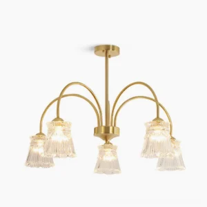 Frosted glass cascade chandelier with brass frame in studio lighting, modern luxury aesthetic