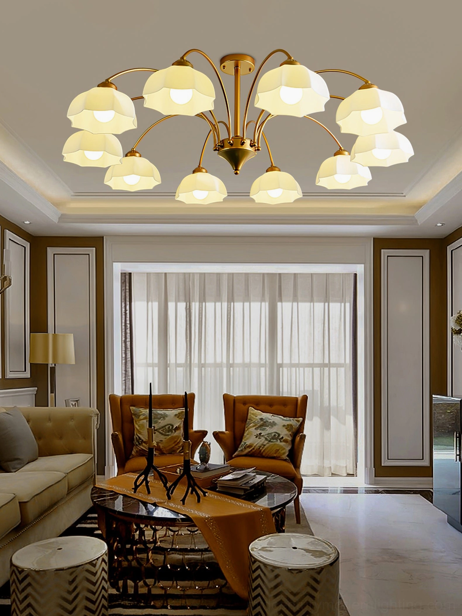 Frosted glass bell chandelier installation detail, ceiling mount suspension with adjustable rod and electrical connection shown