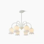 Eight-head frosted glass lily chandelier with white metal frame, front view on white background