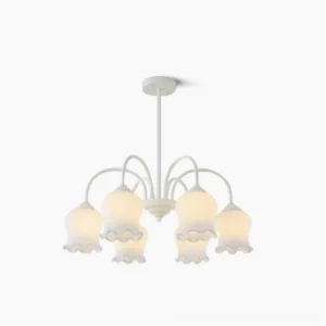 Eight-head frosted glass lily chandelier with white metal frame, front view on white background