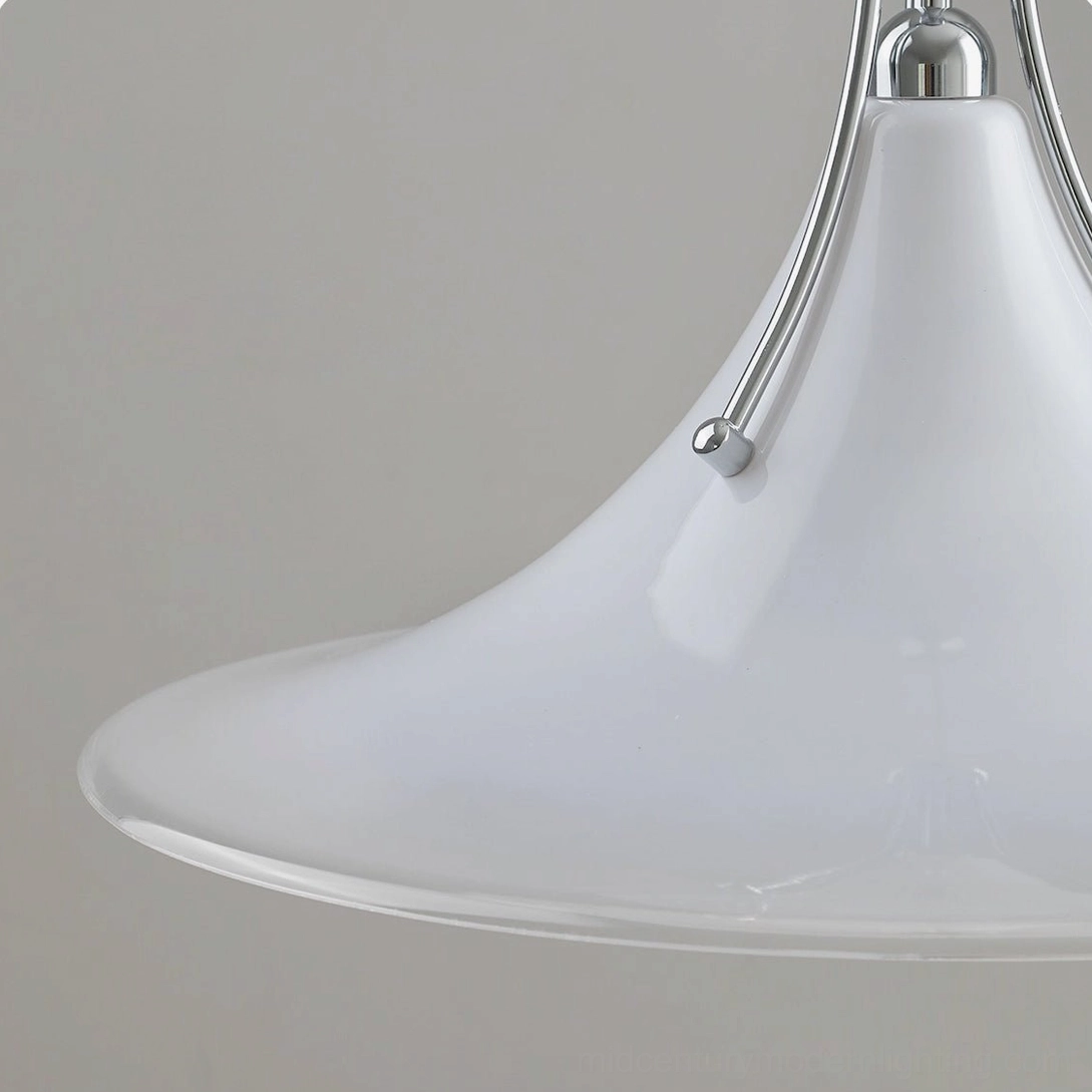 Close-up detail of frosted white glass shade with curved flared design, showing smooth surface and light diffusion quality