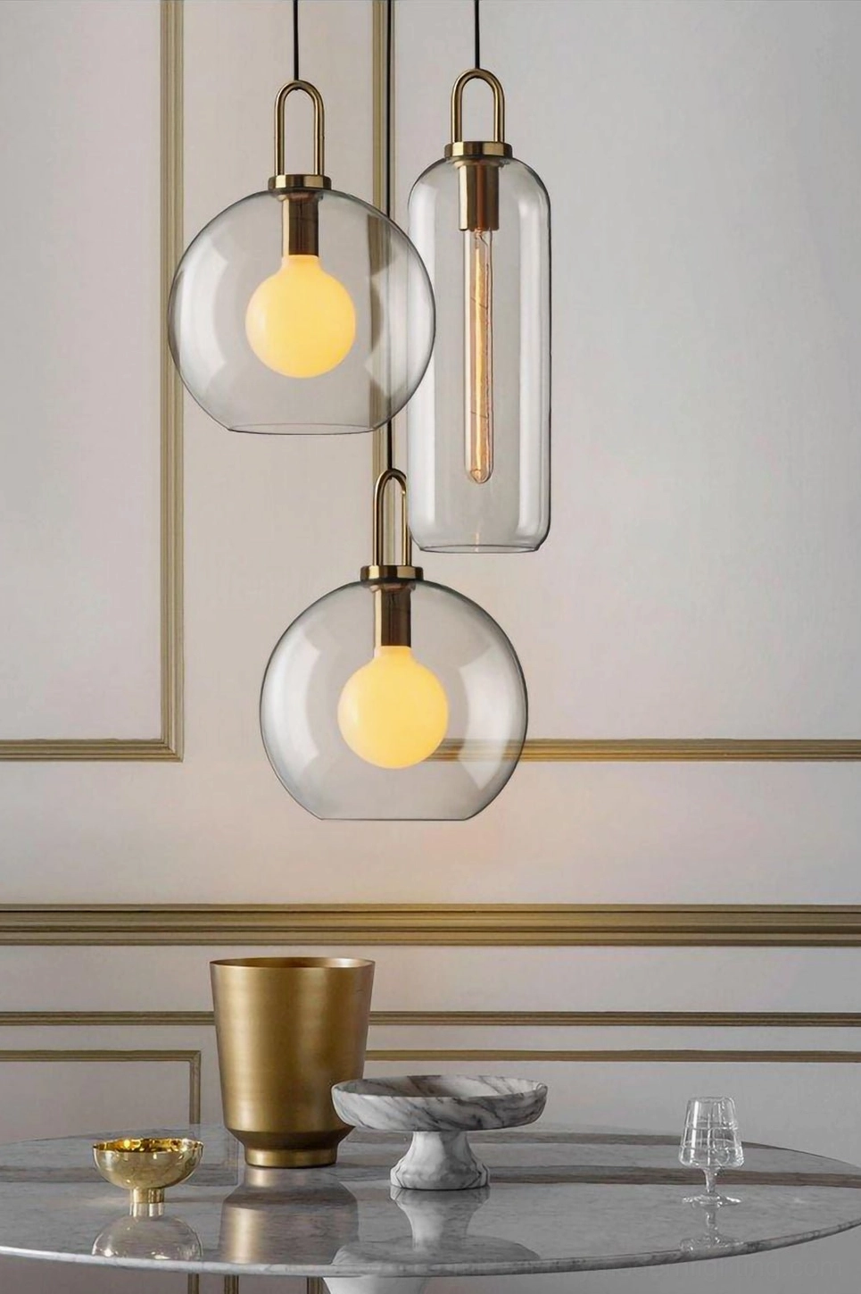 Frosted smoke glass pendant lamp creating soft diffused ambient light in bedroom or dining area