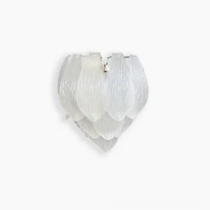 Single frosted petal wall sconce with layered translucent Murano glass against white background, minimalist studio lighting