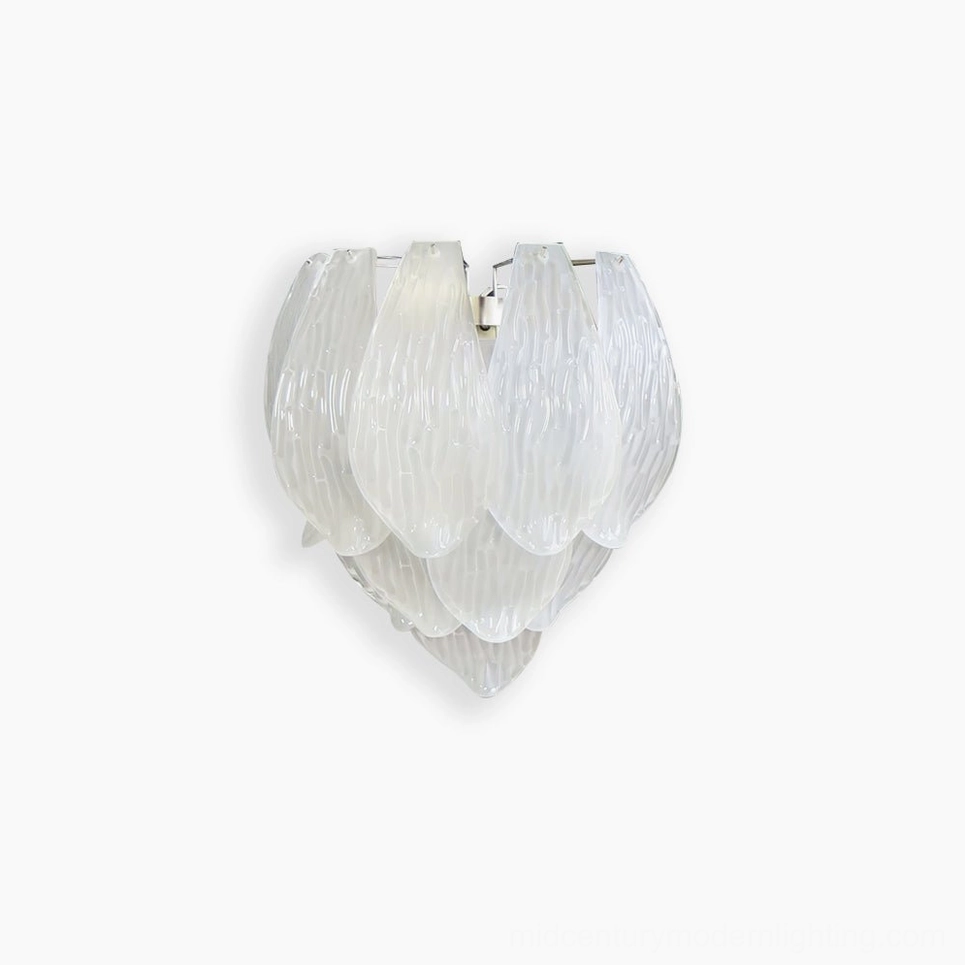 Single frosted petal wall sconce with layered translucent Murano glass against white background, minimalist studio lighting