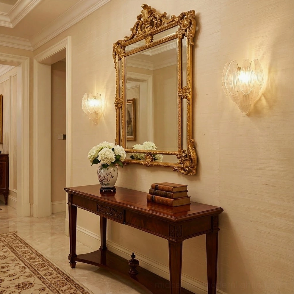 Frosted petal wall sconce installation showing wall mounting and electrical connection with bulb socket
