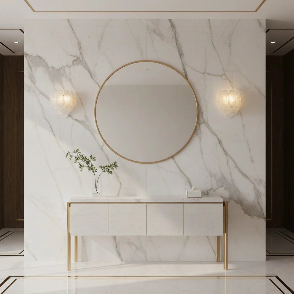 Frosted petal wall sconces pair in marble accent wall vanity space with gold furniture and round mirror