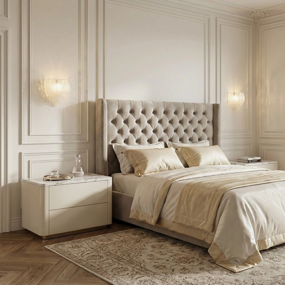Symmetric frosted petal wall sconces in luxury master bedroom flanking tufted headboard, warm neutral interior design