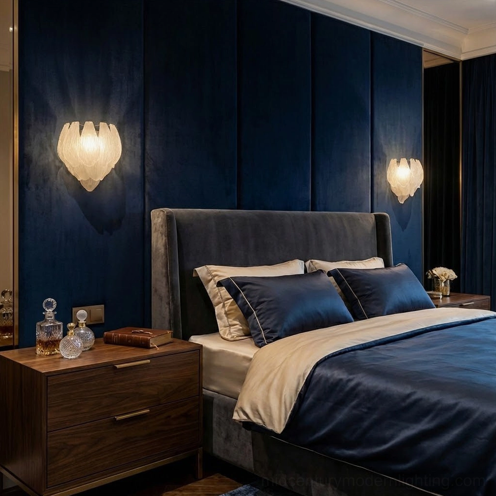 Paired frosted petal sconces in dark luxury master bedroom with velvet tufted headboard and blue accent walls