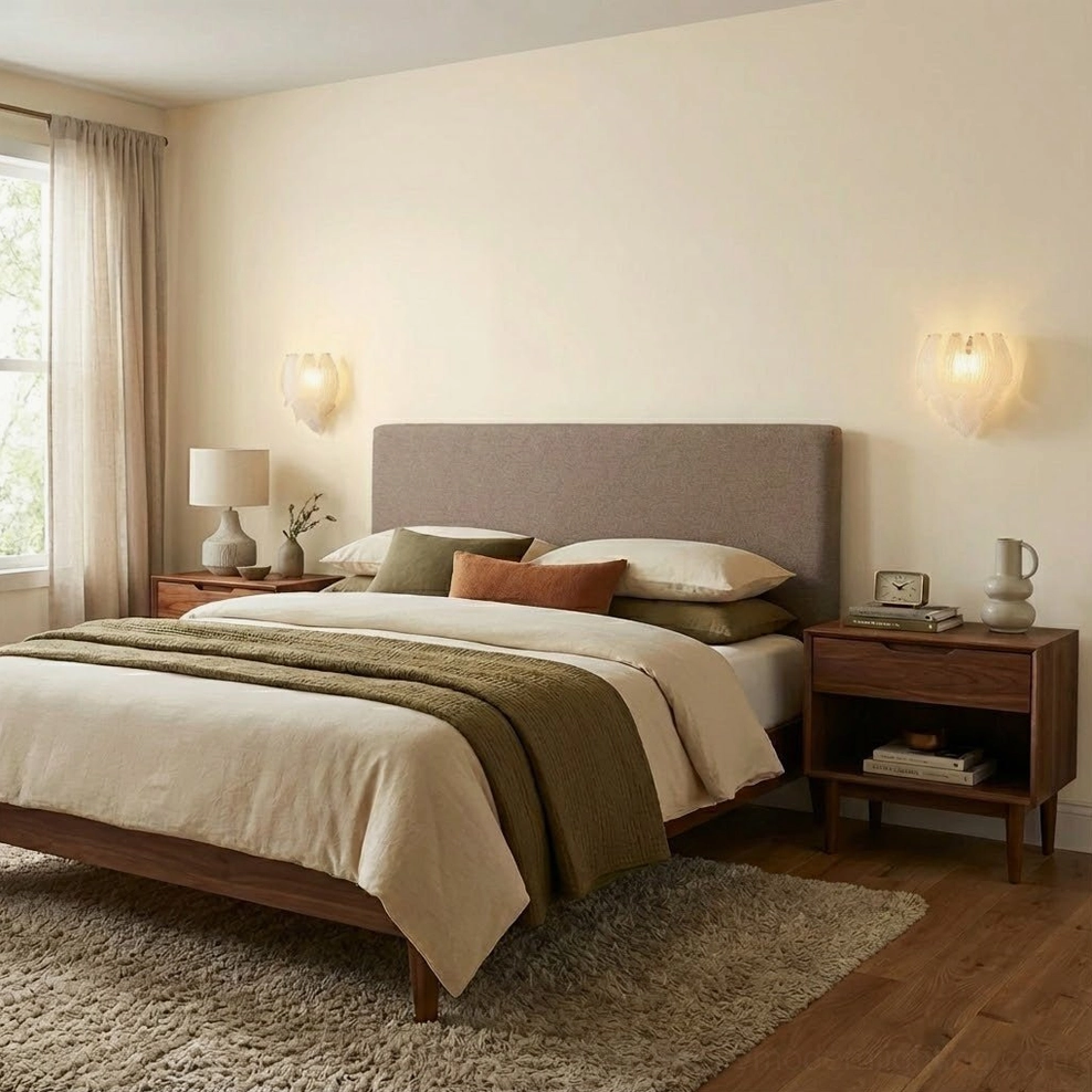 Twin frosted petal wall sconces in warm modern master bedroom with wooden bed frame and minimalist neutral decor