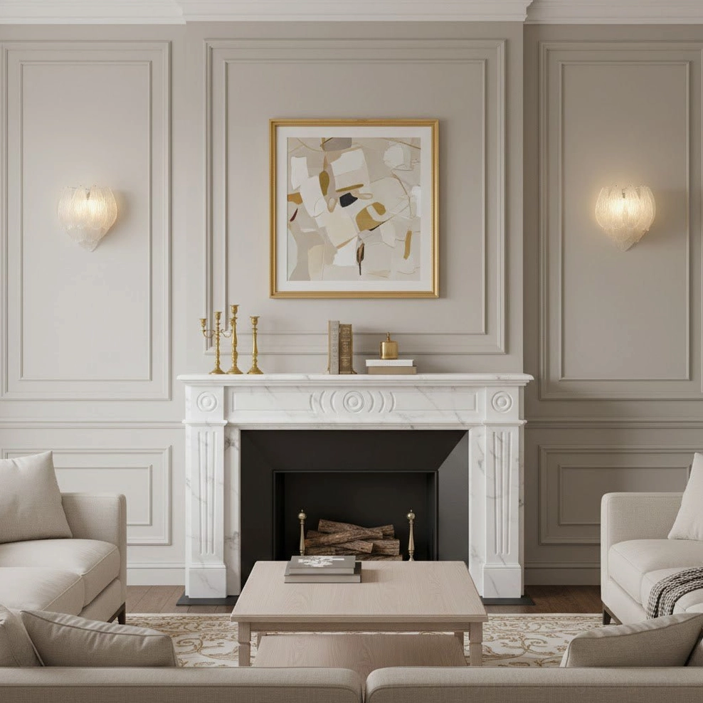 Pair of frosted petal sconces in neoclassical formal living room with wainscoted walls and fireplace accent lighting