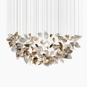 Frozen Leaves Chandelier front view with mixed gold and clear glass leaves on white background