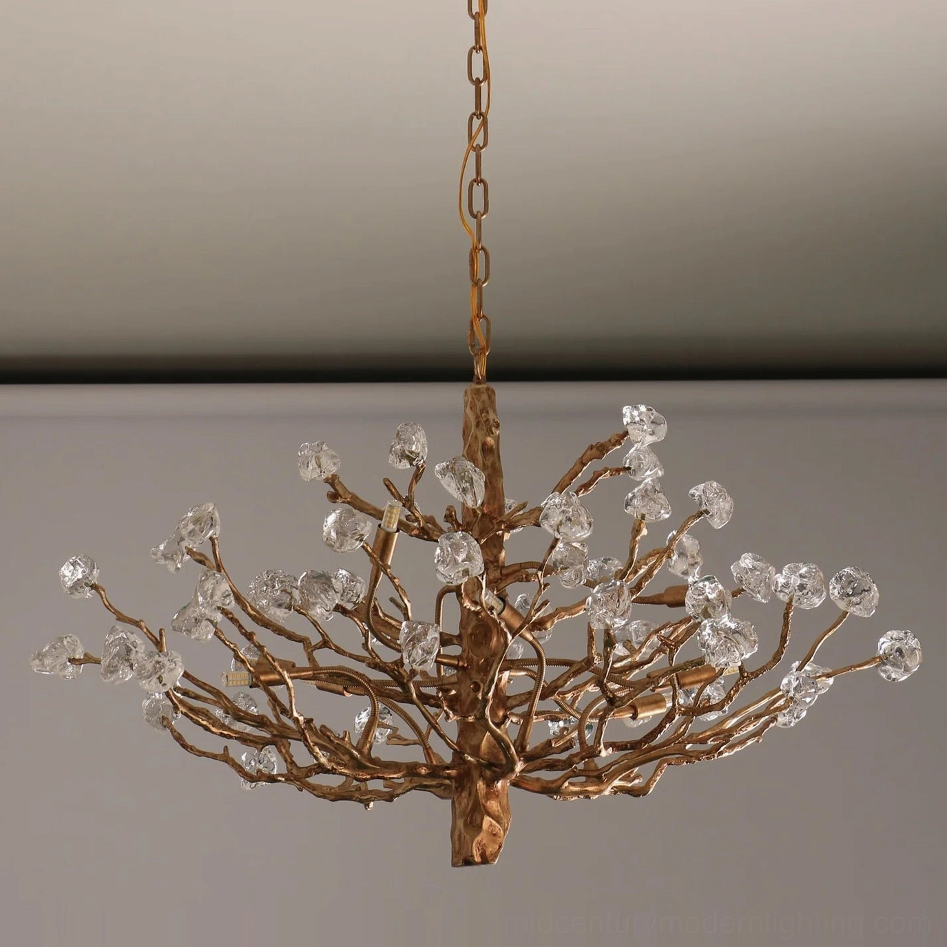Full view art deco gemstone branch chandelier showing all multi-head light source configuration