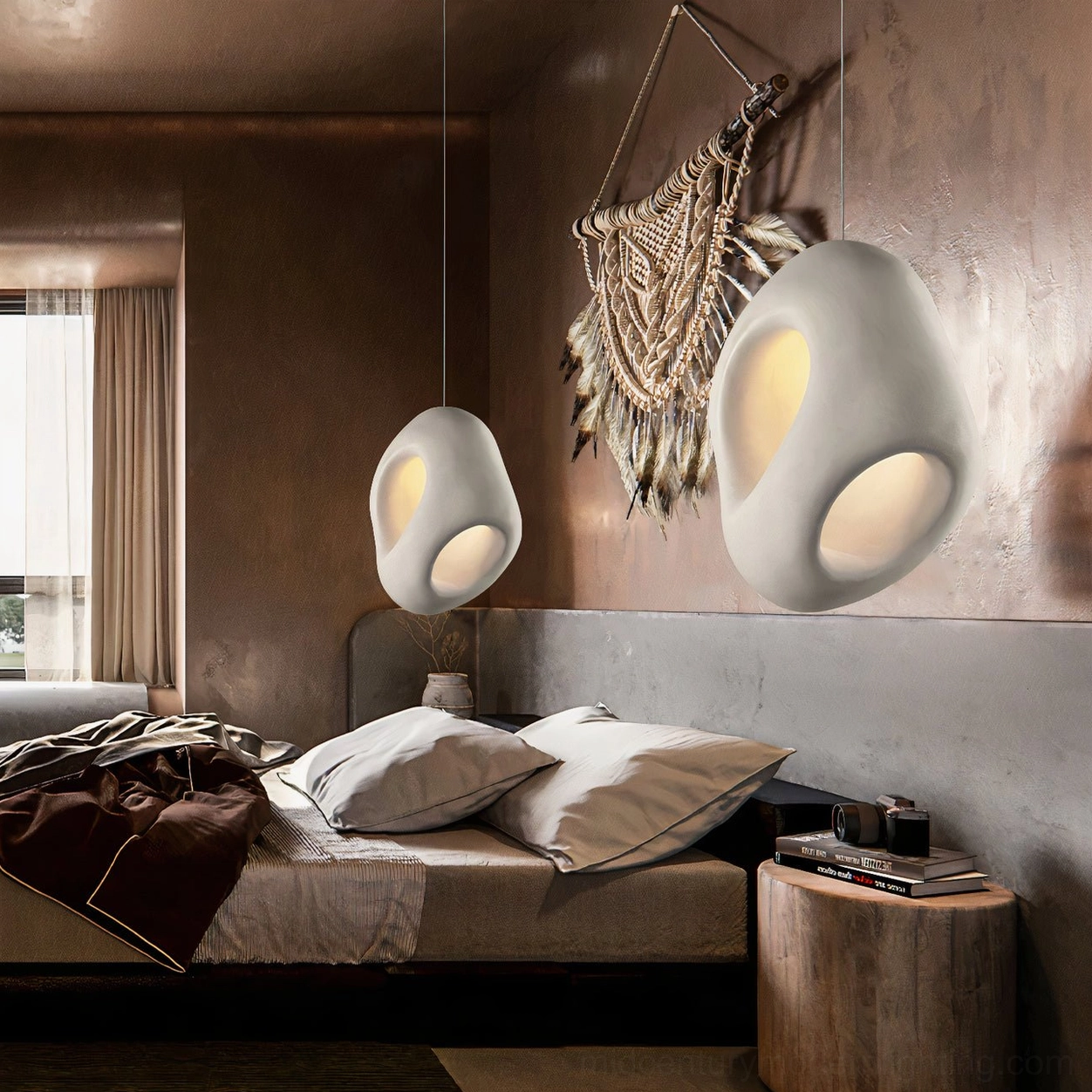 Pair of Fulvia pendant lamps bedroom interior warm ambient wabi-sabi home decor