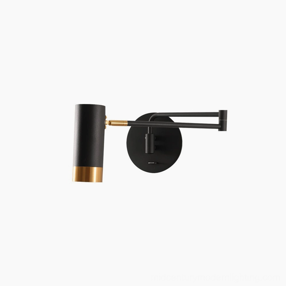 Black and gold Fumi swing wall lamp compact design in minimalist room setting