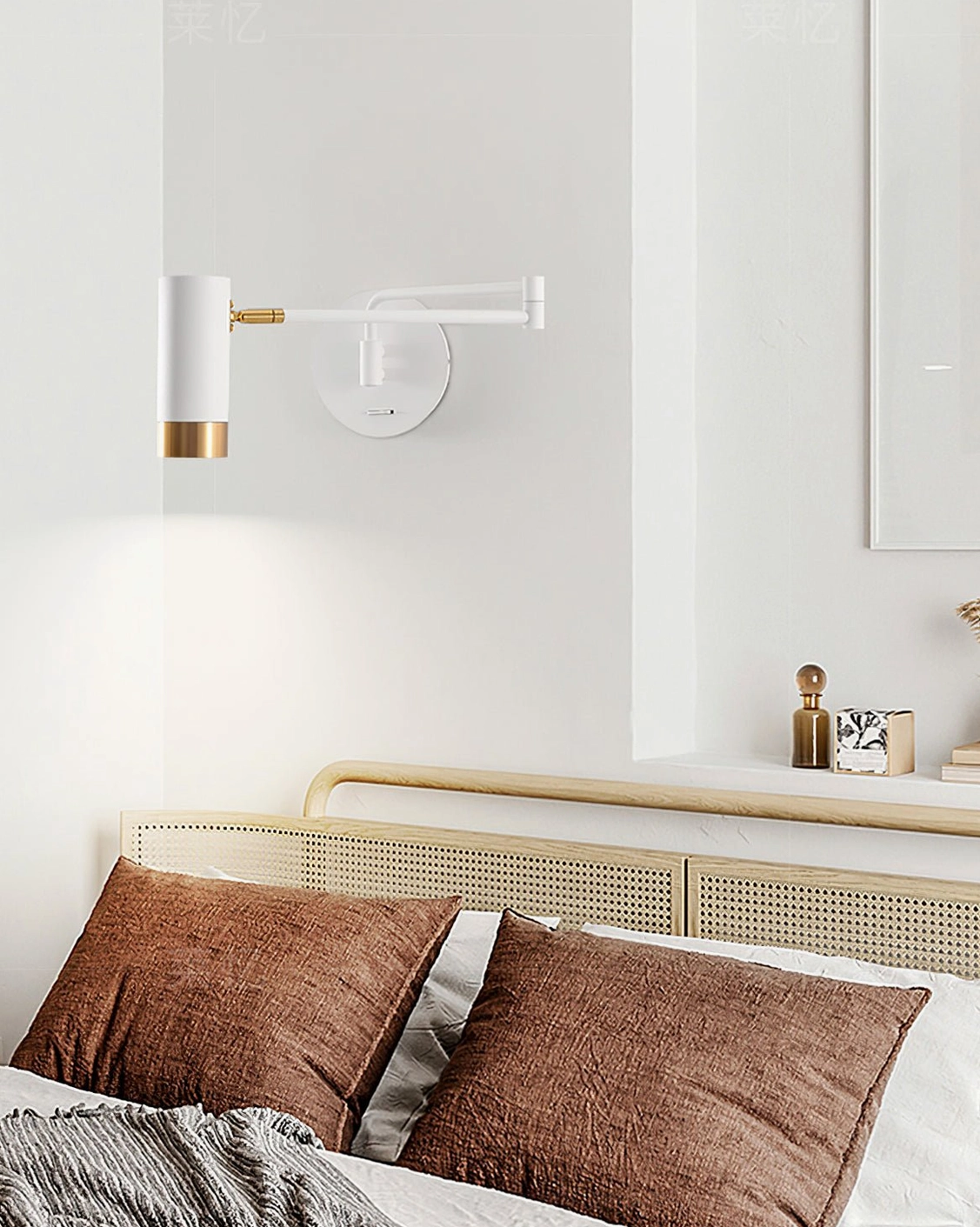 Fumi white and gold swing wall lamp in contemporary bedroom with upholstered headboard