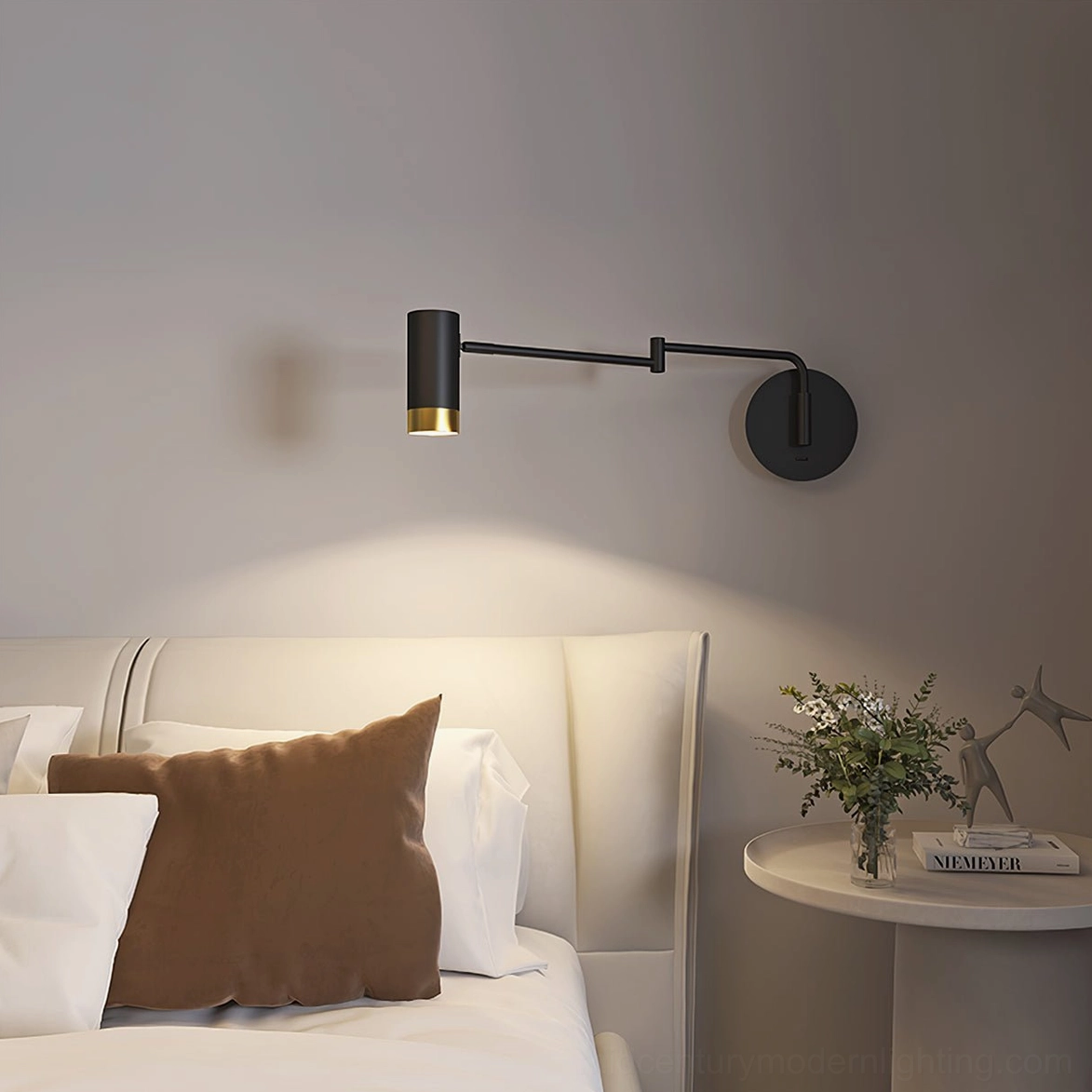 Fumi swing arm wall light installation showing wall mounting and space-saving design