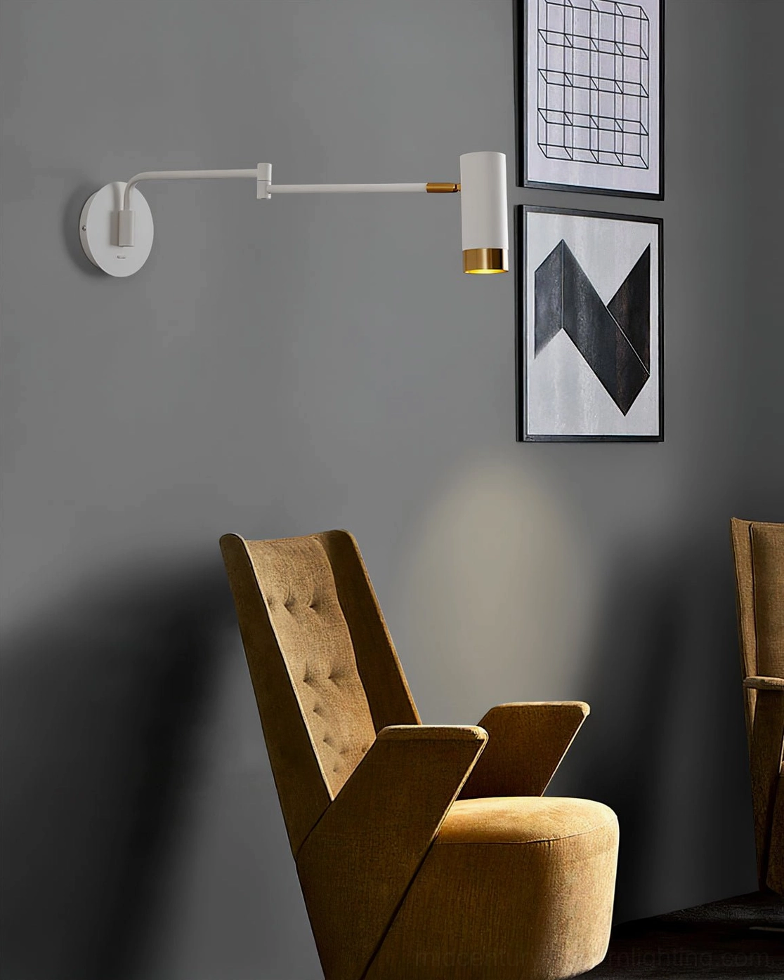 Fumi swing light fixture in modern lounge area with accent chairs and contemporary wall art