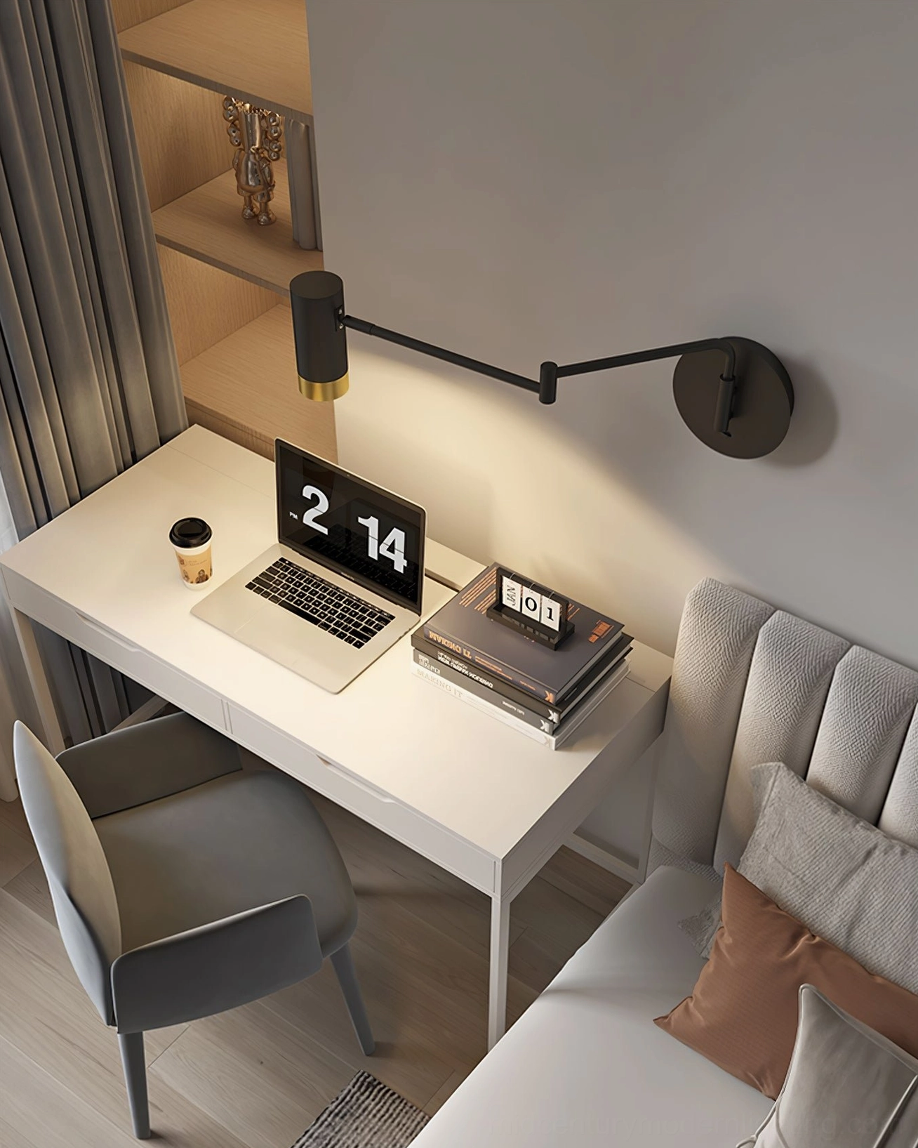 White and gold Fumi articulating wall sconce creating warm ambient light in interior space