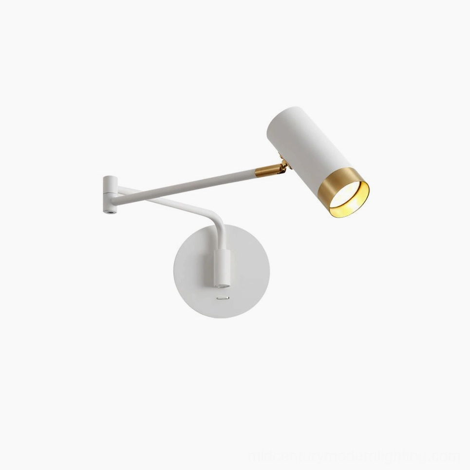 White and gold Fumi articulating swing arm wall sconce showing elegant metal finish details
