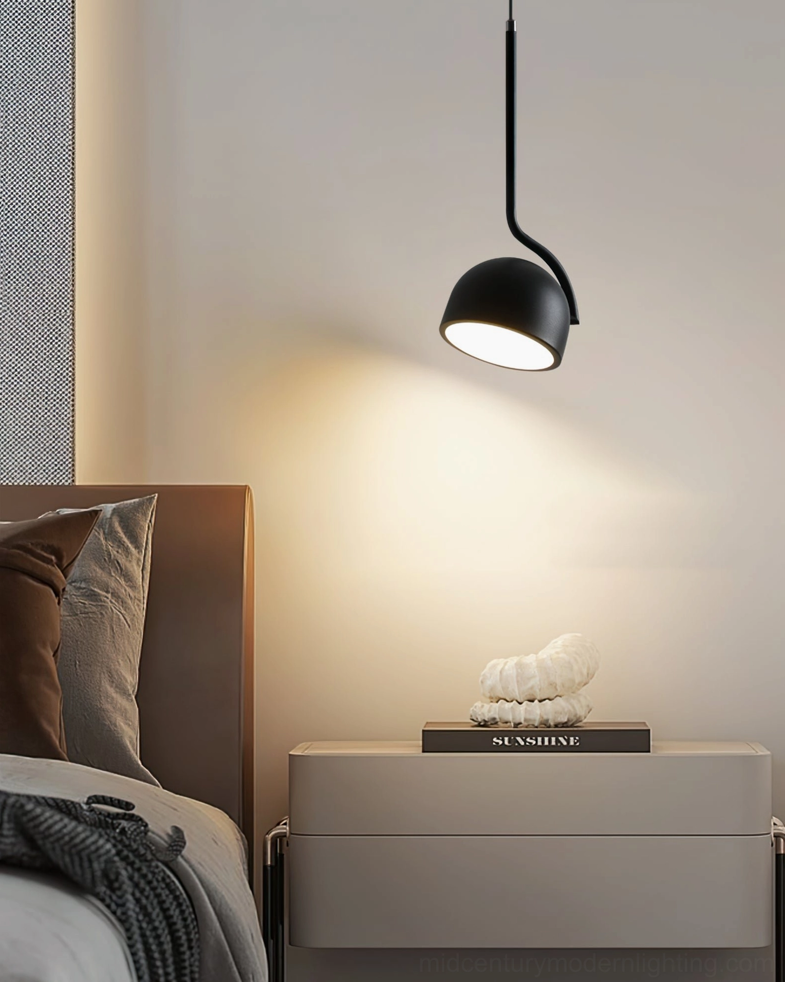 Furoku modern acrylic pendant lamp, close-up of frosted shade and metal connection hardware