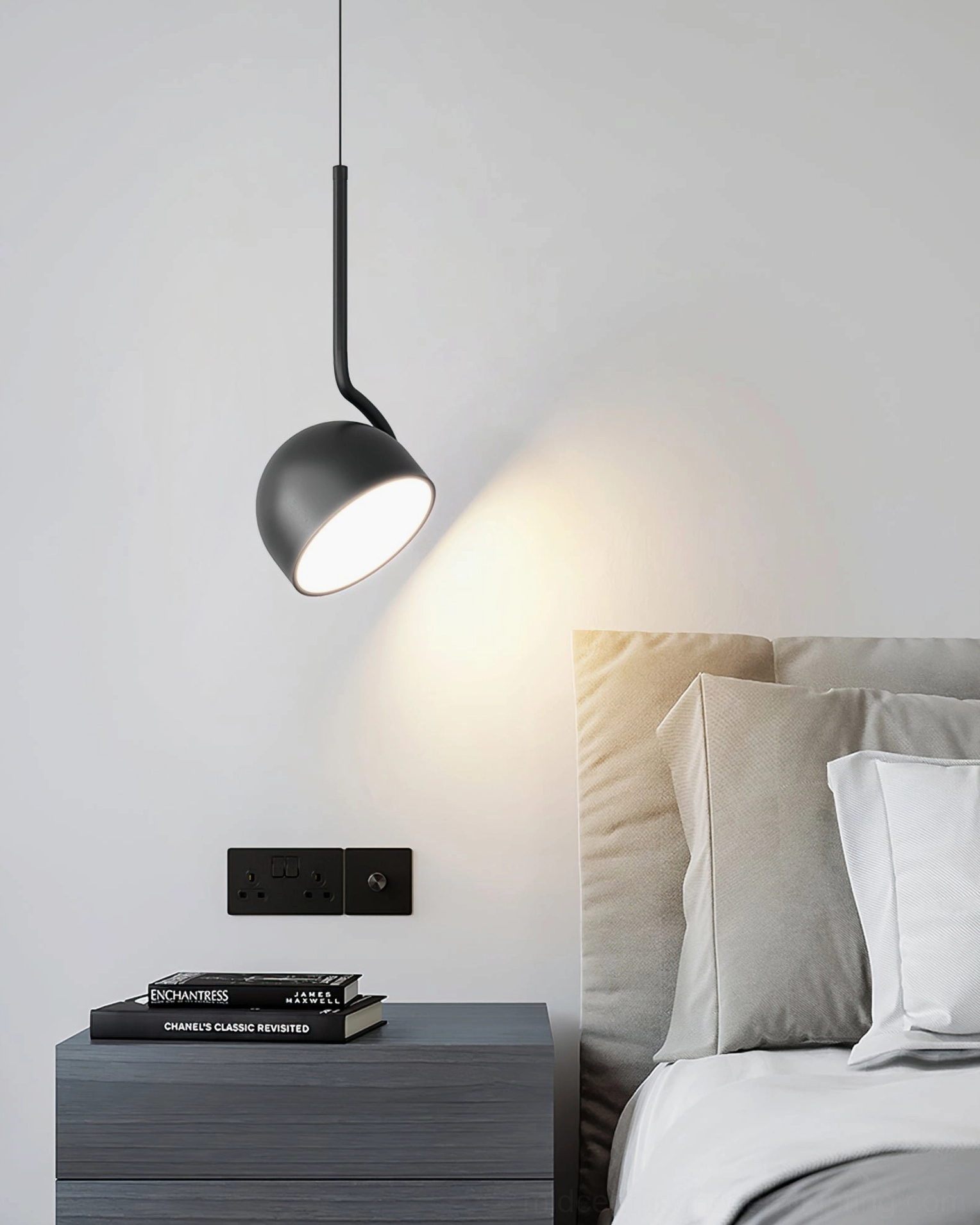 Furoku black modern pendant light in minimalist bedroom interior with bedside table styling
