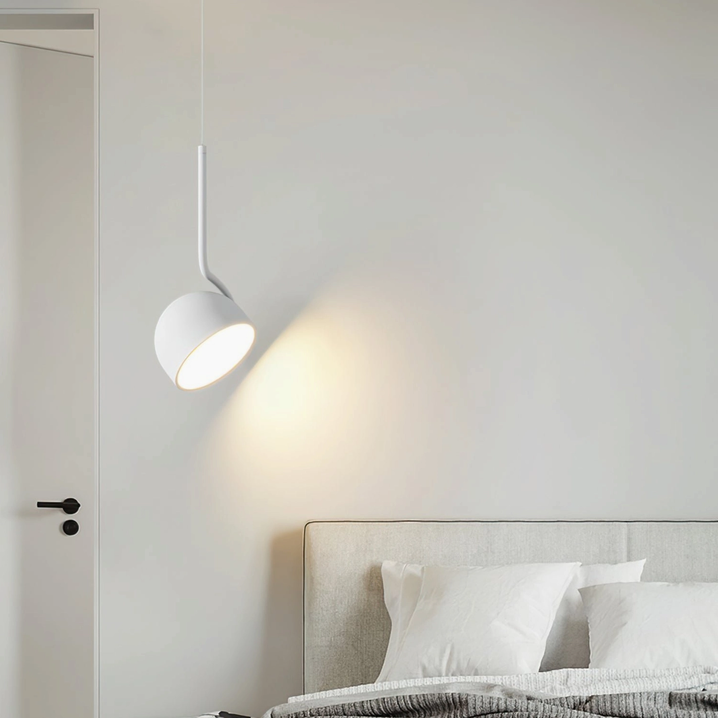 Furoku white pendant lamp installed above bedroom bedside table with warm ambient lighting
