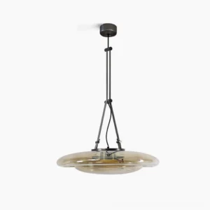 Futura modern glass pendant lamp with cognac-tinted dome and black nickel suspension system, front studio view