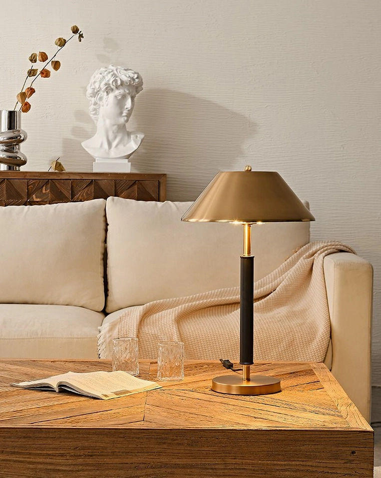 Luxury table lamp on living room coffee table, minimalist interior design accent