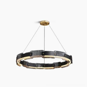 Fuze modern circular pendant chandelier with black iron frame and brass accents, front view against white background, hand-crafted ring light design