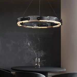 Fuze mid-century modern pendant light hanging in luxury dining area with warm LED ring illumination, eye-level perspective