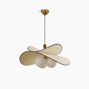 Fyano sculptural pendant light overhead flat lay view showing petal-shaped fabric shade with frosted bulbs mid-century modern