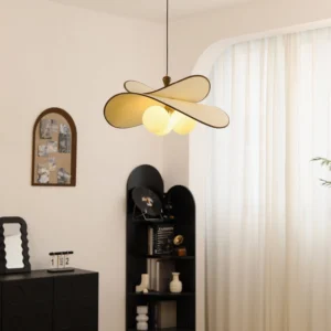 Fyano three-light petal pendant in warm beige fabric French vintage dining room interior eye-level view