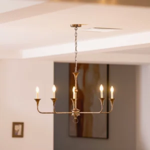 Gabby five-arm bronze candle chandelier ceiling installation detail