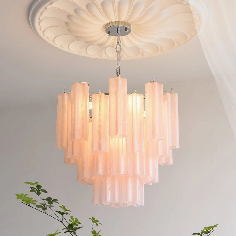 Gabriella glass chandelier installation detail showing suspension chain and ceiling mounting hardware