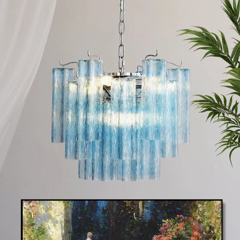 Gabriella tiered glass chandelier overhead view showing light distribution and glass tier arrangement