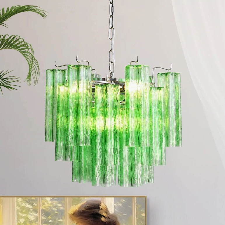 Gabriella tiered glass chandelier with romantic soft pink hue in elegant bedroom interior