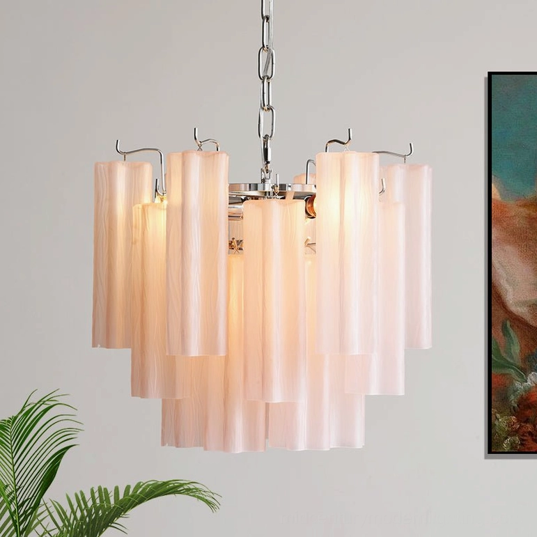 Gabriella tiered glass chandelier in contemporary dining room with mid-century modern furniture