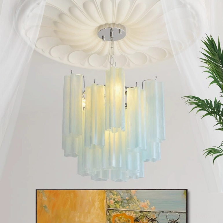 Gabriella tiered glass chandelier in light blue photographed from below in elegant residential space with ceiling medallion