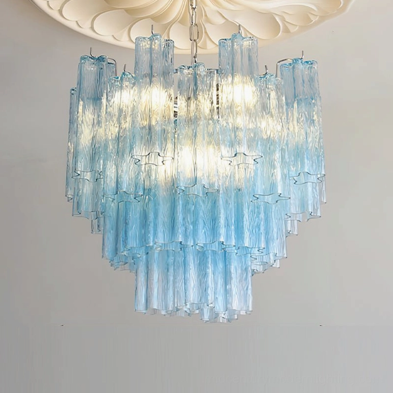 Gabriella tiered glass chandelier light blue serene option in calming Scandinavian-inspired interior